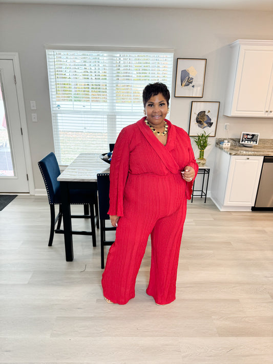 Lady Bold in Red Jumpsuit